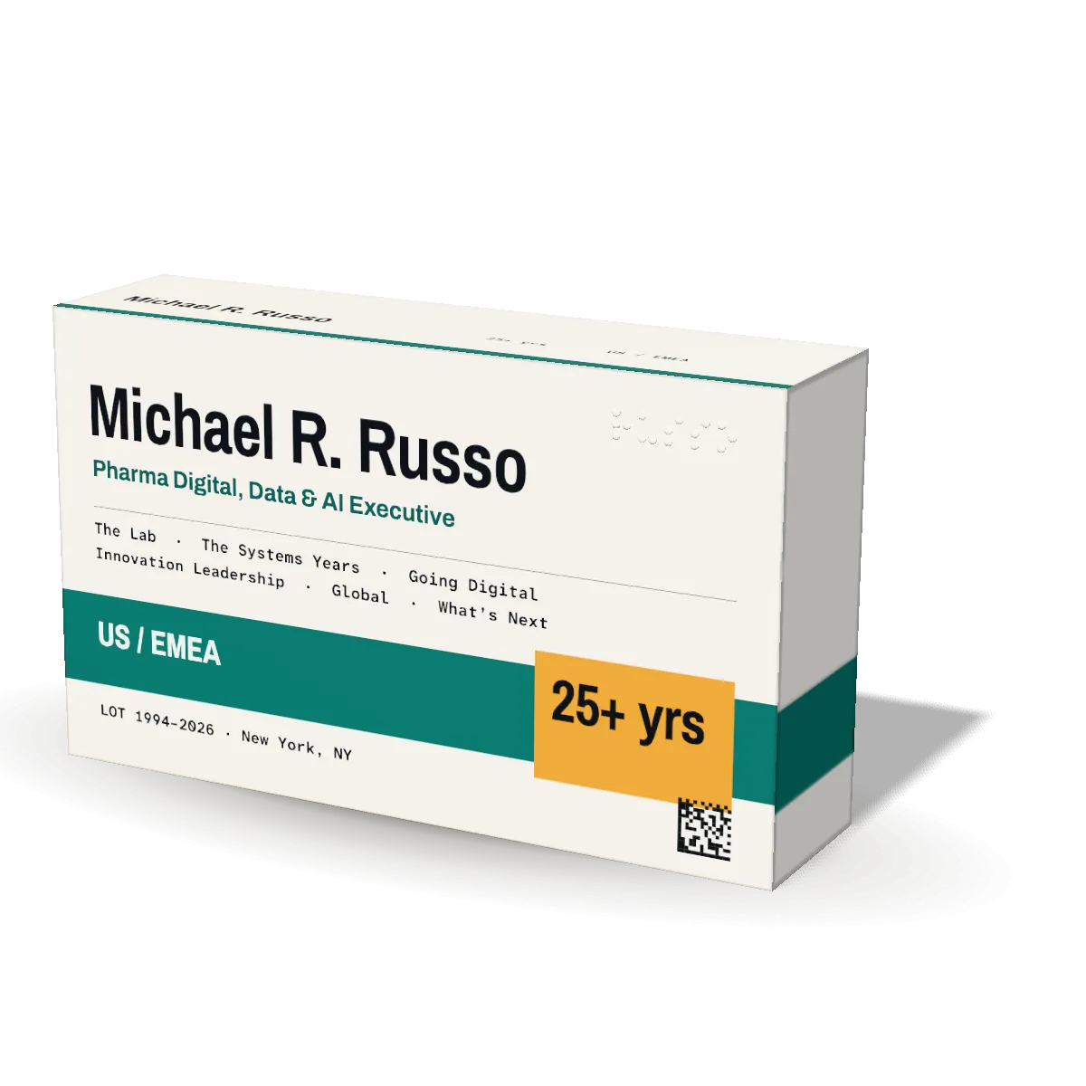 Pharmaceutical carton printed with the name Michael R. Russo